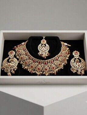 Gold and Ruby Floral Indian Choker Necklace Set - Women Jewelry